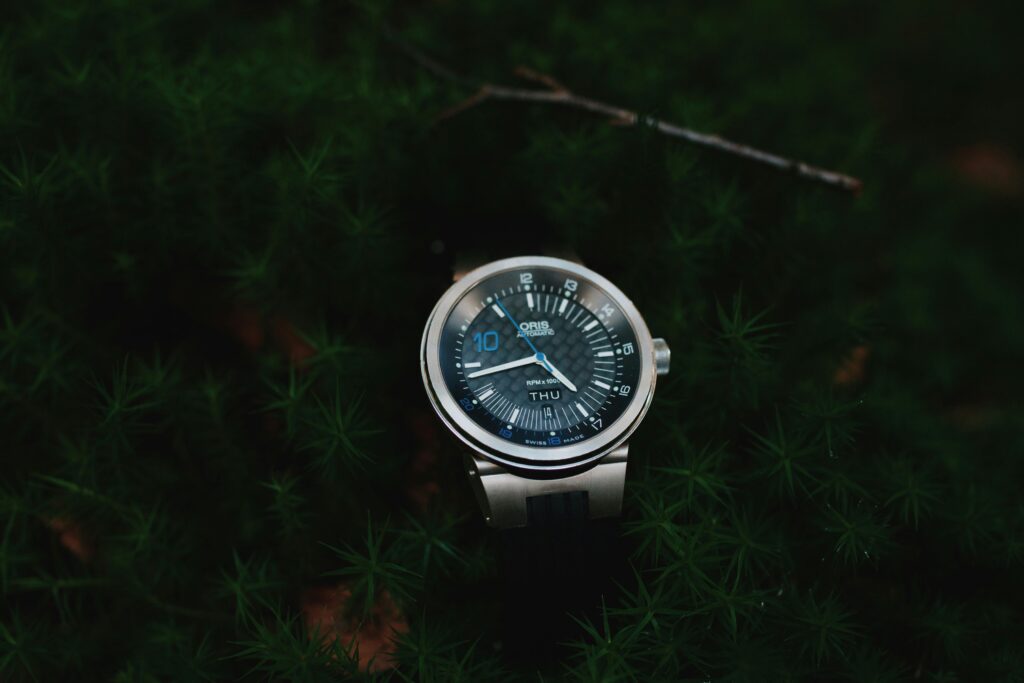 Close-up of a luxury Oris wristwatch placed on lush green foliage outdoors.